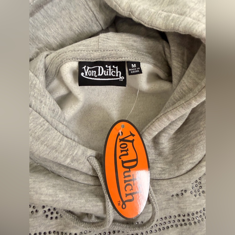 Von Dutch Light Gray Rhinestone Logo Hoodie - Picture 3 of 7